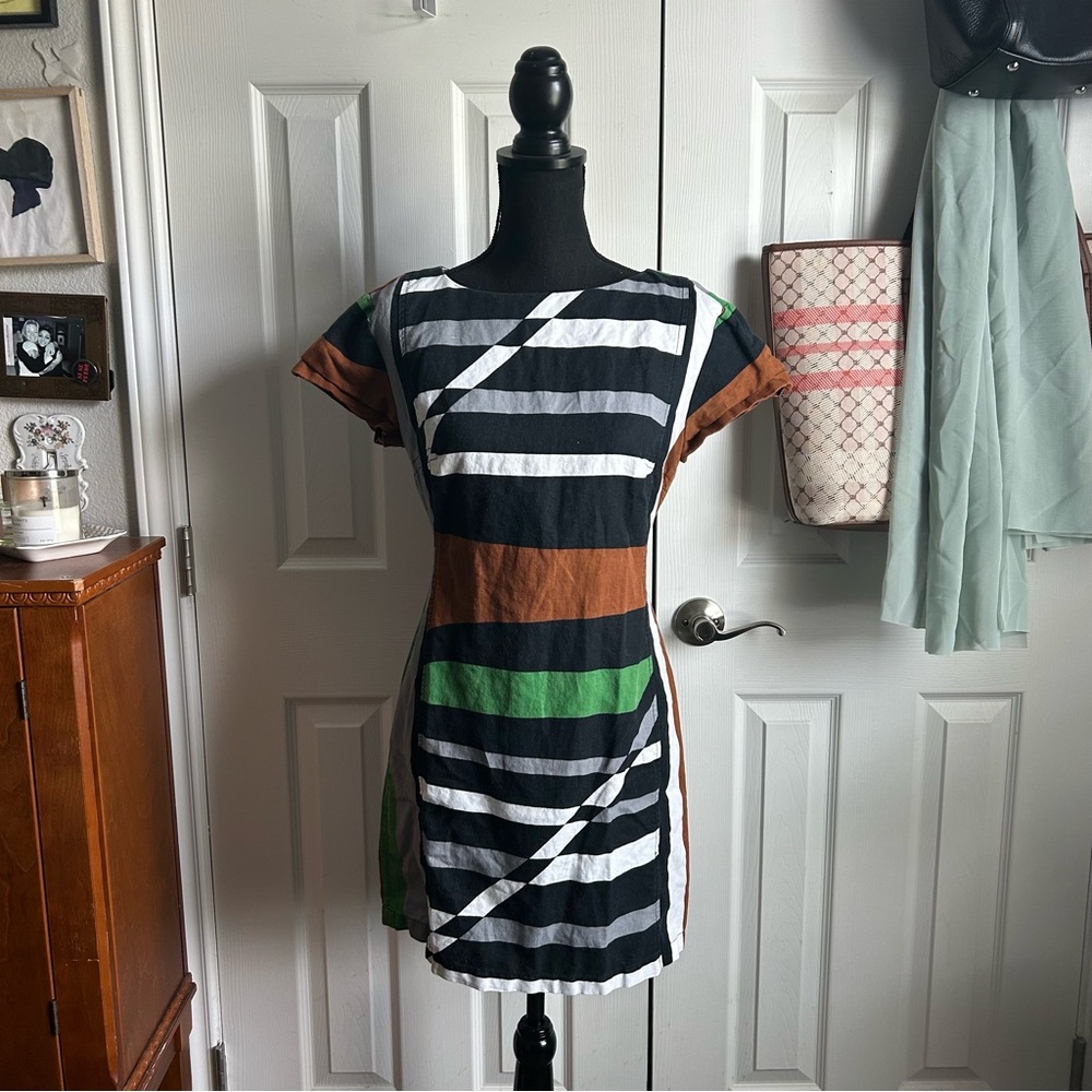 Derek Lam brown & black geometric colorblock short sleeve mini sheath dress - Picture 8 of 8